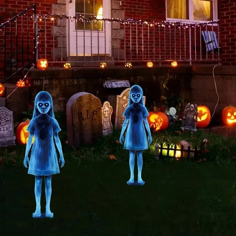 2pcs Halloween Twin Ghost Stakes Plastic Evil Girls Ghost Garden Signs