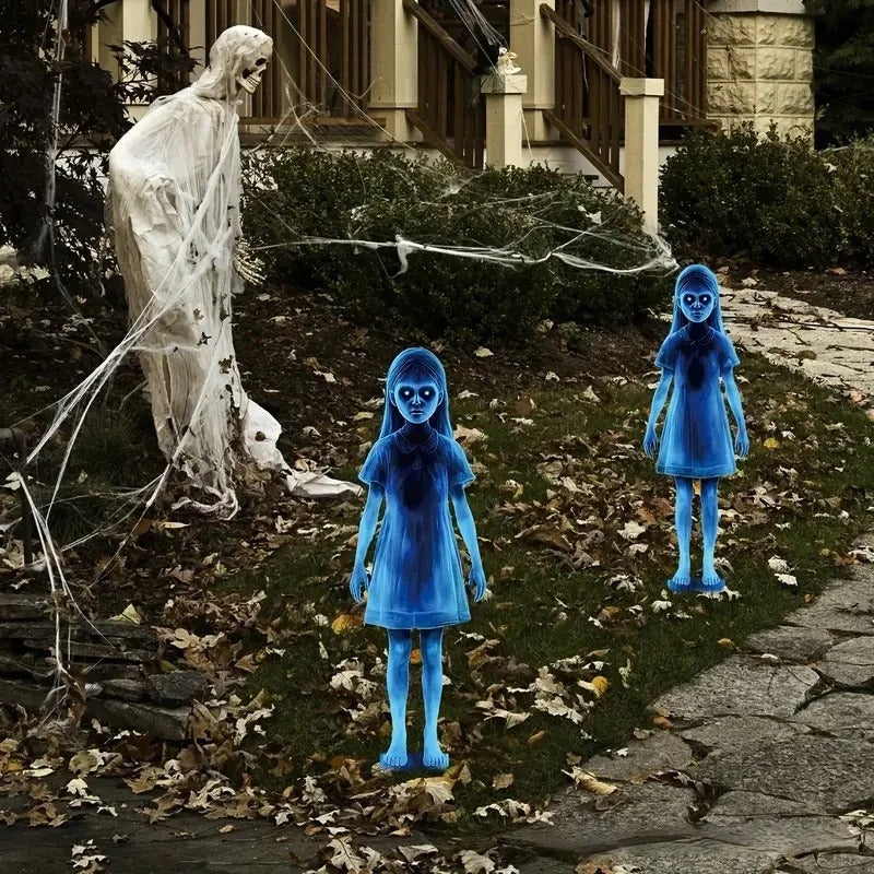 2pcs Halloween Twin Ghost Stakes Plastic Evil Girls Ghost Garden Signs