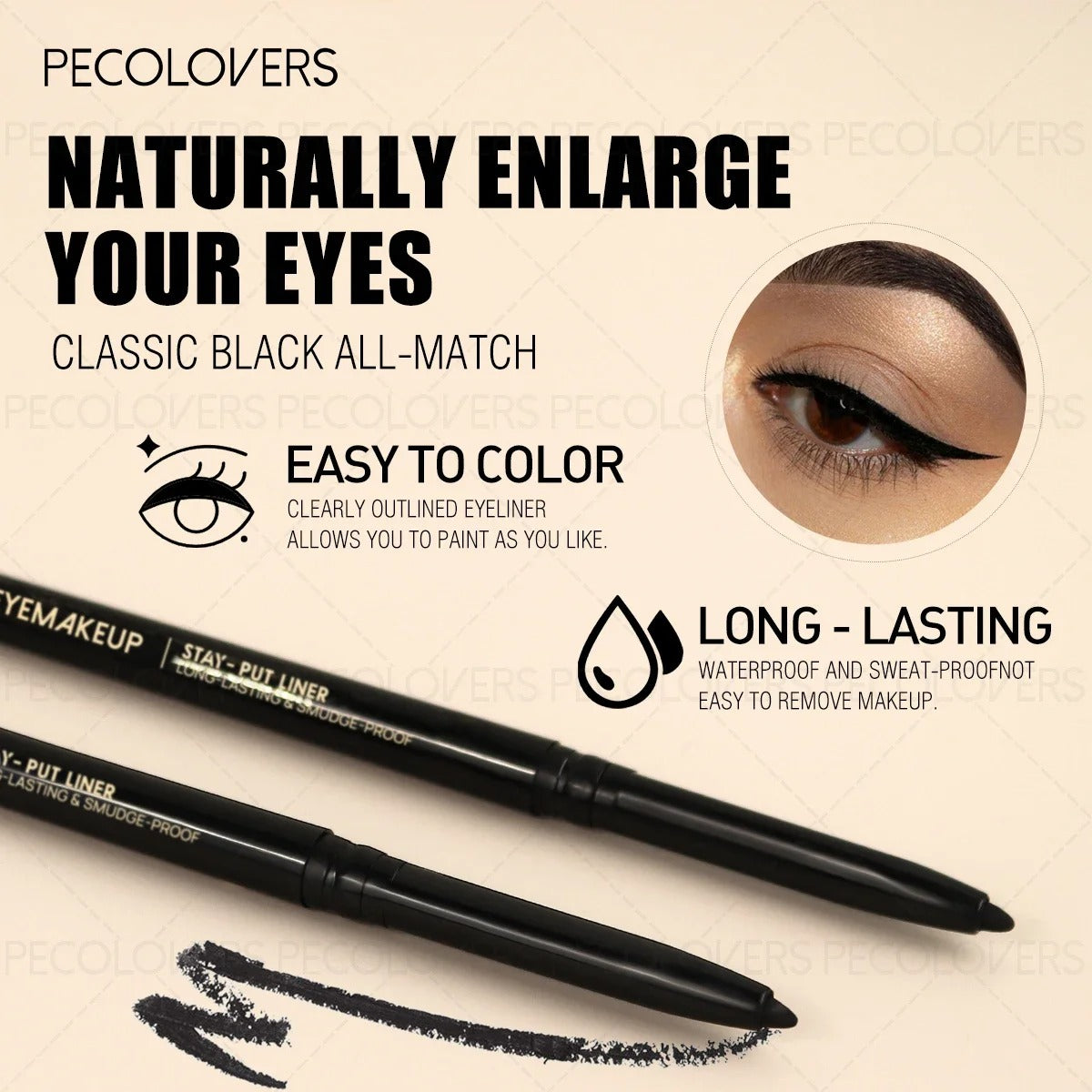 3pcs Waterproof Black Eyeliner Pencil