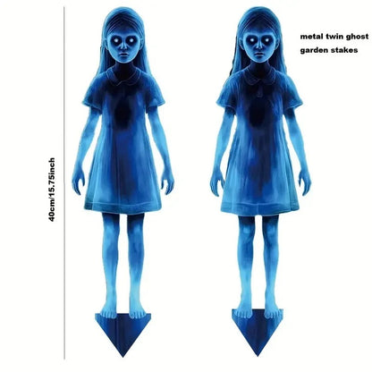 2pcs Halloween Twin Ghost Stakes Plastic Evil Girls Ghost Garden Signs