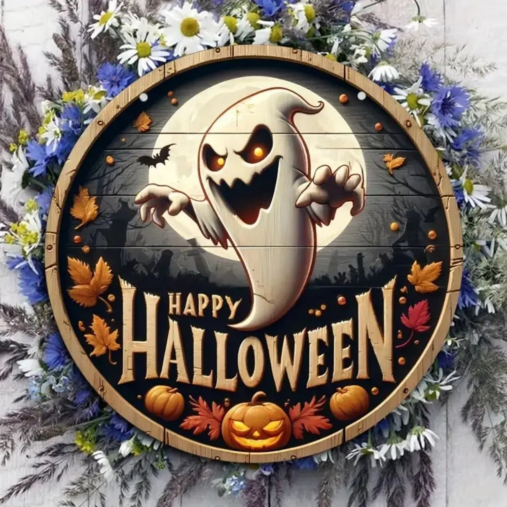Halloween Wooden Wreath Logo Retro Pumpkin Head