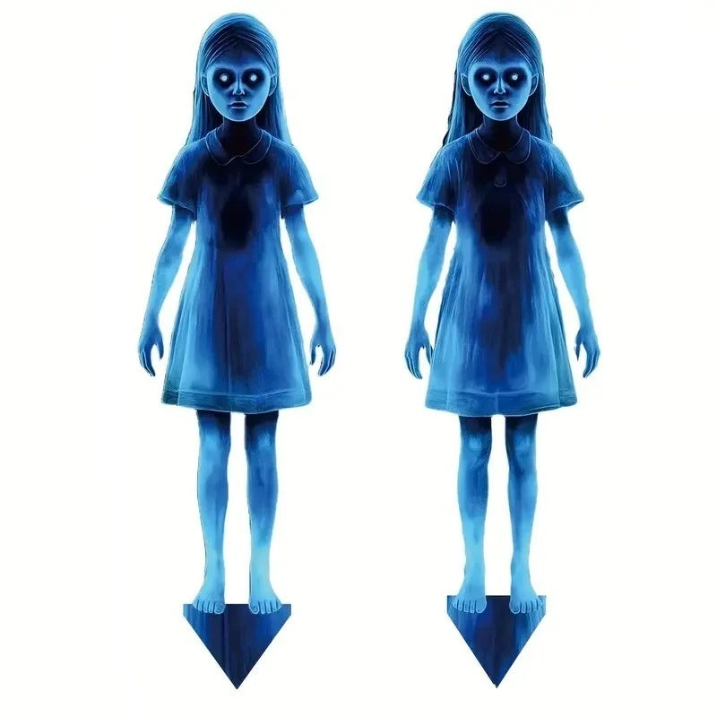 2pcs Halloween Twin Ghost Stakes Plastic Evil Girls Ghost Garden Signs