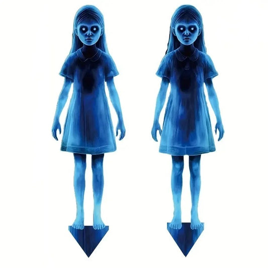2pcs Halloween Twin Ghost Stakes Plastic Evil Girls Ghost Garden Signs